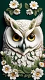 Placeholder: realistic portrait of owl head made from a lot of beautiful white beautiful flowers pale colors smooth contrast, dark green background