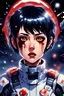 Placeholder: 90s old school anime illustration, sci fi, portrait of a tough female space Captain girl, beautiful symmetrical face, Androgynous, pixie style haircut, sparkling or glittering black hair, pixie cut, blood splattered on her scared, rattled and shook face, space uniform is tattered and ripped with dripping blood, as if she just escaped torture, depraved art, junji ito style, pulp science fiction aesthetic, rotoscoping, violent background and undertone, space battle, feminist art, japanese horror