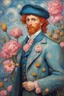 Placeholder: kind sailor, man, red slightly curly hair, long jacket, pink-azure clothes, pink-azure cocked hat, white floral pattern on the jacket, a flower in the hair runs to the princess to protect her, Portrait of Van Gogh