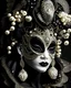 Placeholder: Beautiful venetian carnival style wite ad vantabéack black irridescent and beige and black shell colour irridescent woman portrait adorned with pearl art, black mollusk shell headress with mollusk shell colour black cathalea orchid irridescent flower wearing pearl art style mollusk shell ribbed costume metallic filigree venetian carnival style Golden dust make up, irridescent masque and costume organic bio spinal al ribbed bokeh mollusk pearl art shell background full florals lights extremely de