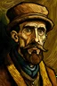 Placeholder: A very thin man wearing a brown galabiya with a heavy coat over it and a yellowish-white Arab hat. The man is short and has a medium-thick mustache and a beard with some shaved hair. Make the painting high-resolution and painted in oil colors in the style of Van Gogh, and another drawing in the style of a funny comic or the same style of drawing the novel The Good Soldier Švek by the writer Jaroslav Hašek.