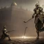 Placeholder: a Midieval knight in metallic gold battle armor, attacking and holding a hockey stick, a highly detailed illustration, background of Roman coliseum, realistic render, in style of tomasz alen kopera,