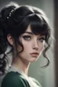 Placeholder: Slowly raising her head, she looked at him with expressive green eyes. Her black hair with gray highlights was wavy, gathered in a small ponytail, and pearl-shaped invisible hairpins to cover the bangs that hindered her eyes, decorated her delicate face.