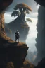 Placeholder: A knight on the ledge of a cliff, looking at a gigantic walking tree,somber mood, cinematic lighting, fantasy styled setting,ray tracing
