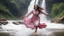 Placeholder: Hyper Realistic Photographic Close Shot Of A Beautiful Pashto Woman With Long Brown Wet Hair Wearing A White And Pink Tie-And-Dye Frock, Happily Jumping On A River Water And Enjoying Rain With A Beautiful Waterfall And Cloudy Weather At Heavy Rainfall Showing Dramatic And Cinematic Ambiance.