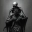 Placeholder: The image is a dark, haunting, monochromatic artwork that portrays a skeletal figure embracing or overpowering a human-like strong male figure. The skeletal entity looms from behind, its bony arms wrapped around the human, who appears to be partially draped in tattered cloth and in a state of despair or submission. ...