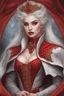 Placeholder: Beautiful white haired Vampire queen on her throne, drawing. Wearing a red cloak with a fur collar. Portrait, waist up