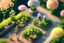 Placeholder: top view of a miniature flower farm scene with cute chibi anime gardener cats tending to the flower fields S<AI in sunshine, photorealistic, 3D, ethereal, cinematic postprocessing, bokeh, dof