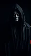 Placeholder: A scary figure in black robe looks at the camera from a black background