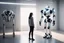 Placeholder: a woman stands before a sleek, humanoid robot. The robot's metallic frame gleams in the soft light of the room, its eyes glowing with an otherworldly intensity. She gazes at the machine with a mixture of curiosity and longing, her heart pounding in anticipation of what is to come. With a hesitant but determined step, she reaches out and touches the robot's cold, smooth surface.