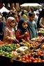 Placeholder: oriental arabic childeren at a market in a back vieuw distance panting neoclassism