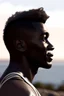 Placeholder: a close up side profile image of an attractive dark male angel, smiling and looking over the horizon on a very high cliff, 8k quality, supper realistic