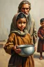 Placeholder: an expressive painting of a 3 years old girl poor with Ruth clothes standing in line with out her children’s asking for food with a pan in her hand painting, with a rocket base behind ready to be lunched in the background, we might see a companion with features of absolute strength and determination, blended with warmth and deep faith. Perhaps his face expresses wisdom and courage, with eyes radiating confidence and faith.