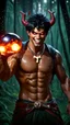 Placeholder: HYPER REALISTIC PHOTOGRAPHIC Middle Angle View Of A Handsome Muscular Young Man With Ritualistic Costume With Bone Necklace Unleashing Glowing Magic Balls, With A Fierce Devilish Smiling Expressions On His Face With Glowing Red Eyes With Short Messy Black Hair In A Dark Dense Jungle At Dark Night With Fireflies Showing Dramatic & Cinematic Ambiance