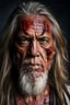 Placeholder: portrait of a 55 year old man. He's a warrior. His face is scarred. He has salt and pepper long hair and a beard.