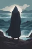 Placeholder: dnd styled background, ocean background, hooded figure overlooking the sea facing forward