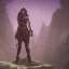 Placeholder: femme guerrière heroic fantasy dans une forêt de sapins sur un astéroide