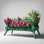 Placeholder: A bench in the colors of the dragon fruit with green on a light background to remove