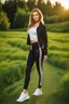 Placeholder: fullbody shot of young-beautiful-girl-with-a-perfect-face wearing sport pants and sport blouse and sport jacket and shoes standing in country side green field day lights