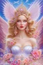 Placeholder: Magnifique woman, lady fairy, facing happy, voluptuous white, pink enchanted flowers, wings magic, long big dress, pink outerspace stars planets, Beautyful smiling, young woman, long hair amazing blue eyes, flowers, happy cosmic, bright colors, blue, pink, gold, jewels, realistic, photo real, clear sunny background, highly detailed, high contrast, 8k high definition, unreal engine 5, extremely sharp detail, light effect, sunny light background