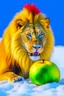 Placeholder: lion eat apple with snow and the lion yellow mood and apple blue mood