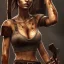 Placeholder: an abstract painting of rusted wood, lara croft with big breast, 8K, a Highly detailed stunning full frame portrait, wide-angle view, a realistic face, volumetric lighting, volumetric clouds