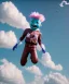 Placeholder: Ultra realistic clouds sky scene, medium shot view, portrait, sweet Childs, free jumping flying, trinkets, monster hair, jelly beans, inflatable helmet, smile, happy, Wes Anderson style, inflatable color clothing, extreme, wind, clouds sea, 20,000 feet altitude, stratosphere, soft color, highly detailed, unreal engine 5, ray tracing, RTX, lumen lighting, ultra detail, volumetric lighting, 3d, finely drawn, high definition, high resolution.