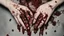 Placeholder: a woman's palms of her hands with dried and caked on blood all over them