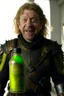 Placeholder: Mad-eye Moody with no skin on his face wearing leather armor, looking eager and excited, holding a windex spray bottle