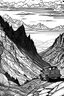 Placeholder: Outline art, no shading, vehicle climbing mountain, black and white, low detail, --ar 9:11
