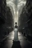 Placeholder: a woman facing the camera in a white dress looking filigree, standing on a city street, still from a fantasy movie, coherent symmetrical artwork, cinematic, ghostly, by Charles Williams, veiled.