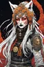 Placeholder: front facing portrait illustration of a gothpunk armored female kitsune vampire mercenary , beaded dreadlock hair, wearing an ancient ornate japanese kitsune mask , and shemagh, highly detailed with gritty post apocalyptic textures, caught in a cosmic maelstrom of swirling gases , finely detailed facial features and hair, in the graphic novel style of Bill Sienkiewicz, and Jean Giraud Moebius, ink wash and watercolor with realistic light and shadow