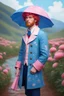 Placeholder: kind young sailor, man, red slightly curly hair, long jacket, pink-azure clothes, pink-azure cocked hat, white floral pattern on the jacket, flower in the hair. Pink and blue umbrella, stardew, valley style
