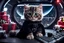 Placeholder: fluffy big eyed kitty sith lord in the command centre in second death star with view to earth planet, add christmas tree and sith gifts, cinematic eye view