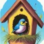 Placeholder: a color illustration of a bird sitting on a nest in a birdhouse.