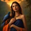 Placeholder: Hyper Realistic 3rd-rule-view of a Beautiful-Young-Happy-Pashto-Woman-with-a-bird-on-his-hand with navy-blue-dress-&-orange-shawl & breeze-whirling in a jungle-with-tall-trees & cloudy-sunset-&-sun-rays showing dramatic & cinematic ambiance