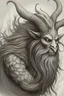 Placeholder: Monochromatic, highly detailed digital illustration featuring a fantastical creature with a humanoid face. The creature has a long, flowing beard and hair that appears wild and unkempt. It has a pair of large, curved horns protruding from its forehead and two smaller, tusk-like horns emerging from its cheeks. The skin is textured and appears rough, with a pale, almost ghostly complexion. The eyes are wide open, giving an intense and somewhat eerie expression. The background is a gradient of ligh