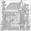 Placeholder: GARDEN HOUSE, "Garden House Trellis: Add intricate trellis designs..", full view, realistic, coloring page, only draw lines, coloring book, clean line art, wildlife-inspired, kid style, –no sketch, color, –ar 3:4, white background, minimalistic black lines, 8k, minimal black color, low level black colors, coloring page, use pure black and white colors, avoid thick black colors, thin black line art, avoid colors, perfect shape, perfect clear lines, clear edges,