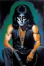 Placeholder: Head and shoulders image - oil painting by Scott Kendall - pitch Black solo record album with emerald glowing in tips of hair - 30-year-old Peter Criss (Drummer) with shoulder length, wavy, straight black and gray hair, with his face made up to look like a cat's face - in the art style of Boris Vallejo, Frank Frazetta, Julie bell, Caravaggio, Rembrandt, Michelangelo, Picasso, Gilbert Stuart, Gerald Brom, Thomas Kinkade, Neal Adams, Jim Lee, Sanjulian, Thomas Kinkade, Jim Lee, Alex Ross,