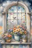 Placeholder: Shabby chic window with flowerpots and bouquets filled with beautiful flowers.full sunlight, stormy clouds, bird, watercolour and ink, stained glass Modifiers: elegant intricate beautiful fantastic view crisp quality colourful Jean-Baptiste Monge pastel colors full view