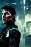 Placeholder: A portrait post-apocalypse cyborg Tom Cruise in a cyberpunk city, sci-fi fantasy style, 8k, volumetric lighting, particales,highly detailed,cinematic, deep scars on face,deep colours.