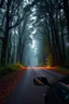 Placeholder: Fantasy forest road a gitrying to grasp the car waiting for a ride on the side of the road