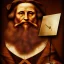 Placeholder: leonardo da vinci with computer. creating in photoshop. hyperdetailed, warm colors, movie poster, photoillustration, oil on canvas, lens flare