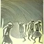 Placeholder: drawn in single line by Nicolai Blatter with hatch with parallel wavy lines metal engraving with african man dance procession in salvador dali style or picasso style