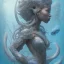 Placeholder: sango fantasy, fantasy magic, intricate, sharp focus, illustration, highly detailed, digital painting, concept art, matte, artgerm and paul lewin and kehinde wiley, masterpiece sexy lips Hawaiian afro lips black African lady body mermaid lionfish head blue space lady beach sea under water mermaid seaweed pyramid