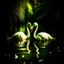 Placeholder: two swans in a romantic lake, dark green and warm yellow color, fantasy atmosphere, photo quality