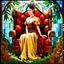 Placeholder: Stained Glass Art Nouveau art style A beautiful as a model asian woodland elf princess who looks like a young Lucy Liu seated on a throne surrounded by poppies and marijuana leaves in a mystical forest, photo-realistic