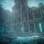 Placeholder: underwater, atlantis temple, futuristic, ancient writing, steps, and vaults. the temple is abandoned and the water is murky and dark