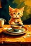 Placeholder: Retrato de un Pequeño gatito naranja feliz tirando cafe sobre la mesa estilo van gohg