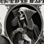 Placeholder: hedcut wsjstyle engraved light lined based on united states federal reserve note dollar bill with the grim reaper the president photorealistic